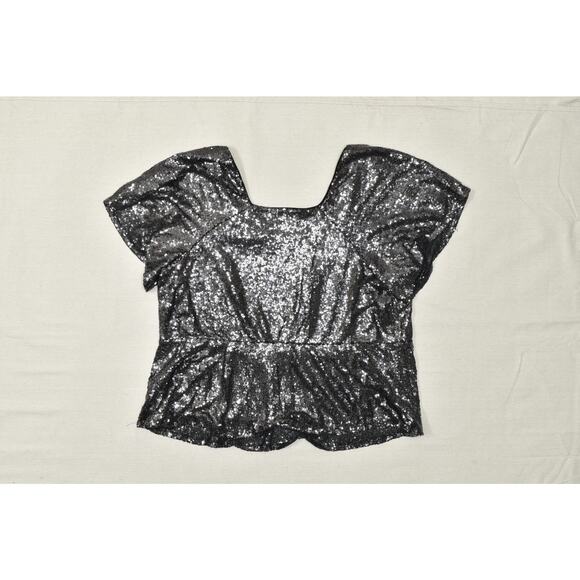 Lane Bryant Plus Size 28 Sequin Peplum Top Black V-Neck Short Sleeve Blouse - Picture 8 of 8